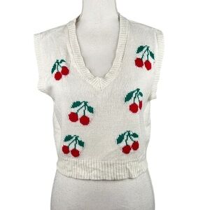 Just Polly Y2K 90's Cream Knit Cherry Print Cropped Sweater Vest Size Medium